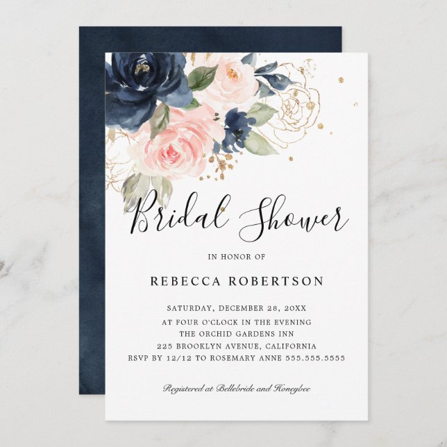 Navy Blue Blush Pink Rose Boho Bridal Shower Invitation (Front/Back)