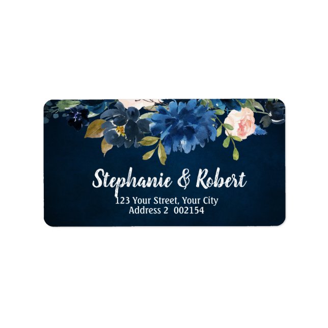 Navy Blue Blush Pink Rose Boho Floral Address Label (Front)