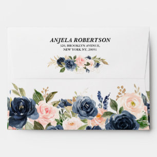 Navy Blue Blush Pink Rose Boho Floral Wedding Envelope