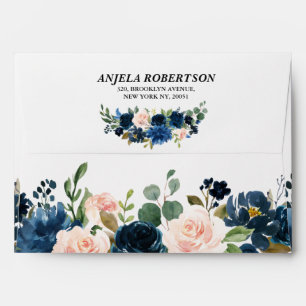 Navy Blue Blush Pink Rose Boho Floral Wedding Envelope