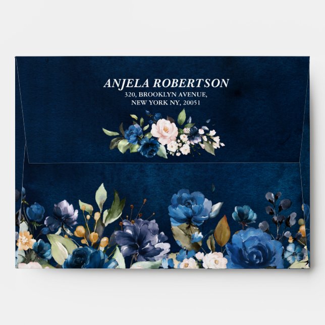 Navy Blue Blush Pink Rose Boho Floral Wedding Envelope (Back (Top Flap))