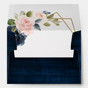 Navy Blue Blush Pink Rose Boho Geometric Wedding Envelope
