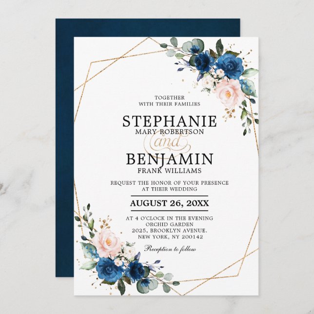 Navy Blue Blush Pink Rose Boho Geometric Wedding Invitation (Front/Back)
