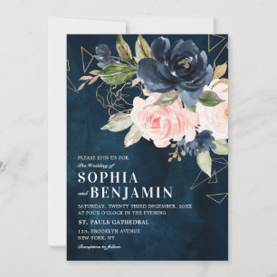 Navy Blue Blush Pink Rose Boho Geometric Wedding Invitation