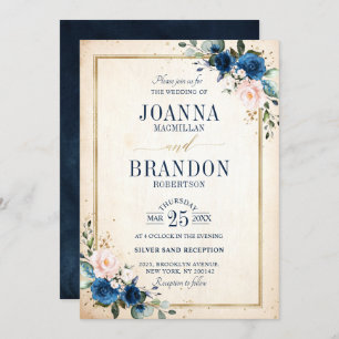 Navy Blue Blush Pink Rose Boho Geometric Wedding Invitation