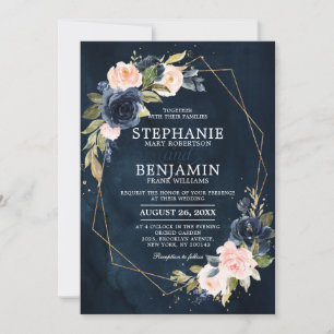Navy Blue Blush Pink Rose Boho Geometric Wedding Invitation