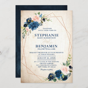 Navy Blue Blush Pink Rose Boho Geometric Wedding Invitation