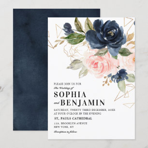 Navy Blue Blush Pink Rose Boho Geometric Wedding Invitation