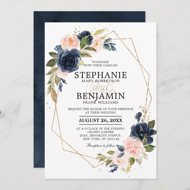 Navy Blue Blush Pink Rose Boho Geometric Wedding Invitation (Front/Back)