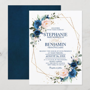 Navy Blue Blush Pink Rose Boho Geometric Wedding Invitation