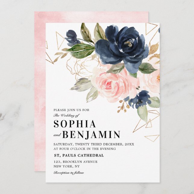 Navy Blue Blush Pink Rose Boho Geometric Wedding Invitation (Front/Back)