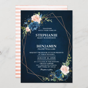 Navy Blue Blush Pink Rose Boho Geometric Wedding Invitation