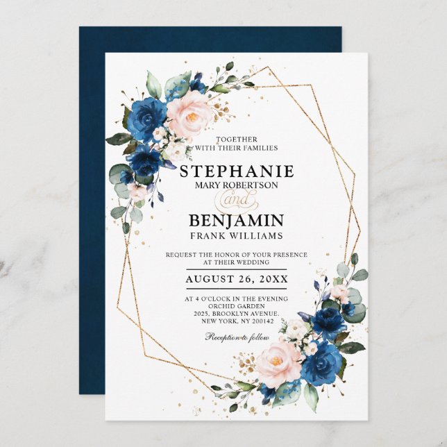 Navy Blue Blush Pink Rose Boho Geometric Wedding Invitation (Front/Back)