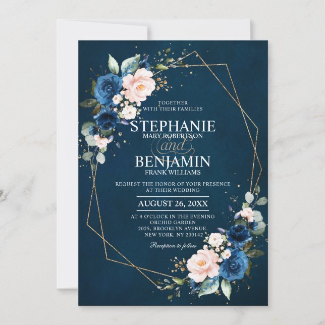 Navy Blue Blush Pink Rose Boho Geometric Wedding Invitation (Front)