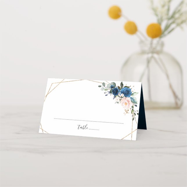 Navy Blue Blush Pink Rose Boho Geometric Wedding Place Card (Front)