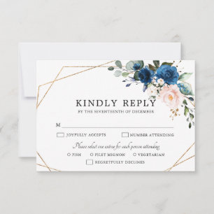 Navy Blue Blush Pink Rose Boho Geometric Wedding RSVP Card