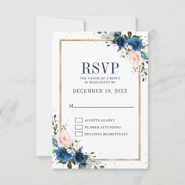 Navy Blue Blush Pink Rose Boho Geometric Wedding RSVP Card (Front)