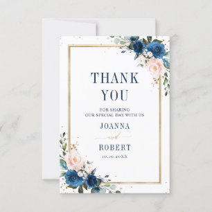 Navy Blue Blush Pink Rose Boho Geometric Wedding Thank You Card