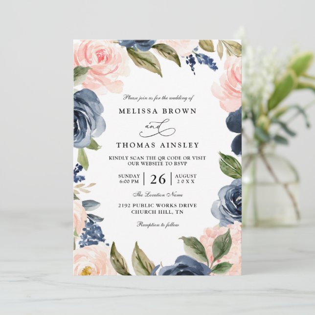 Navy Blue Blush Pink Rose Boho QR Code Wedding Invitation (Standing Front)