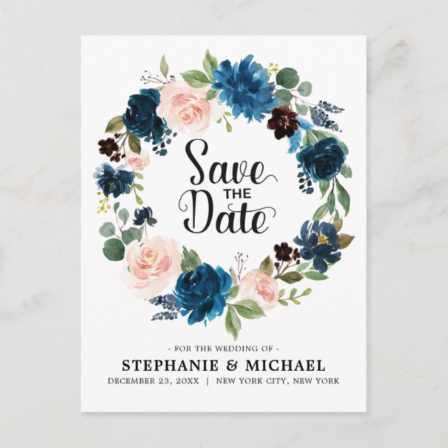 Navy Blue Blush Pink Rose Boho Save the Date Announcement Postcard (Front)