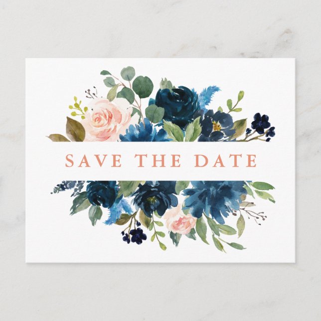 Navy Blue Blush Pink Rose Boho Save the Date Announcement Postcard (Front)