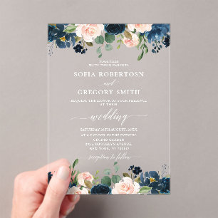 Navy Blue Blush Pink Rose Boho Wedding Acrylic Invitations