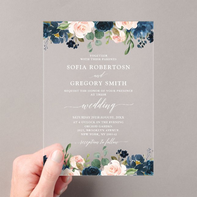 Navy Blue Blush Pink Rose Boho Wedding Acrylic Invitations (Insitu (Handheld))