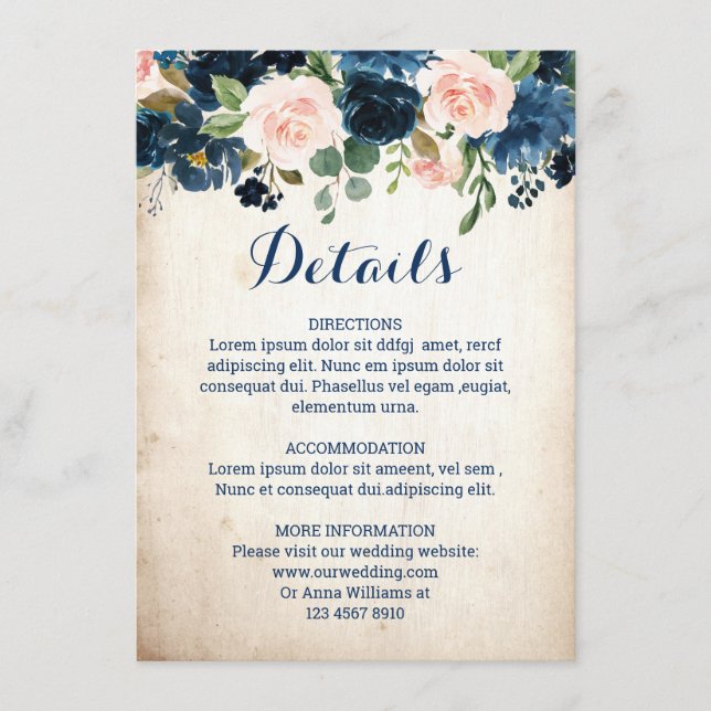Navy Blue Blush Pink Rose Boho Wedding Details Enclosure Card (Front)