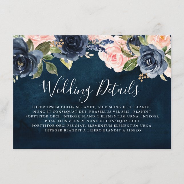 Navy Blue Blush Pink Rose Boho Wedding Details Enclosure Card (Front)