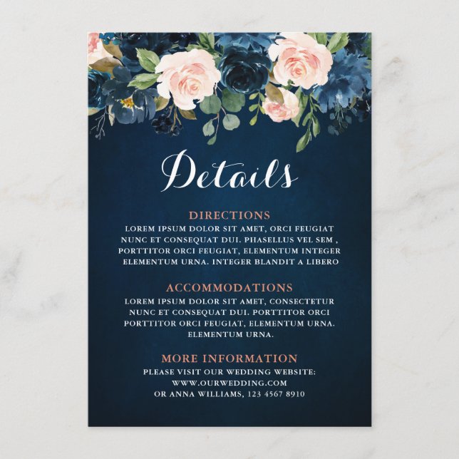 Navy Blue Blush Pink Rose Boho Wedding Details Enclosure Card (Front)