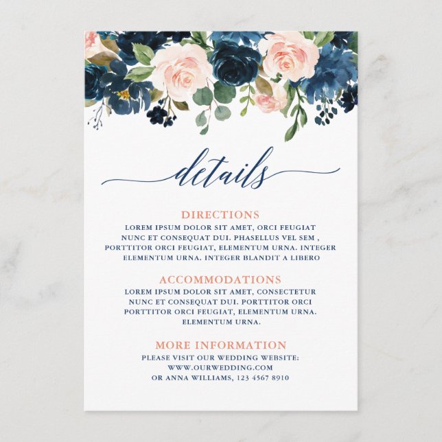 Navy Blue Blush Pink Rose Boho Wedding Details Enclosure Card (Front)
