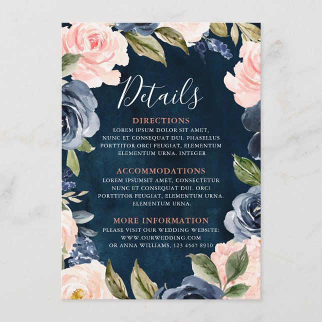 Navy Blue Blush Pink Rose Boho Wedding Details Enclosure Card (Front)