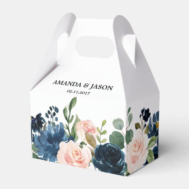 Navy Blue Blush Pink Rose Boho Wedding Favour Box (Front Side)