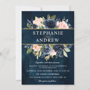 Navy Blue Blush Pink Rose Boho Wedding Invitation