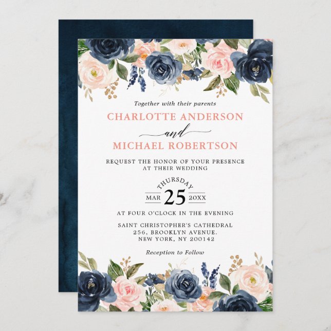 Navy Blue Blush Pink Rose Boho Wedding Invitation (Front/Back)