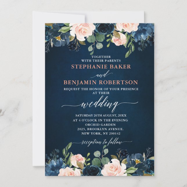Navy Blue Blush Pink Rose Boho Wedding Invitation (Front)