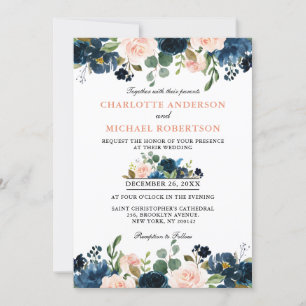 Navy Blue Blush Pink Rose Boho Wedding Invitation