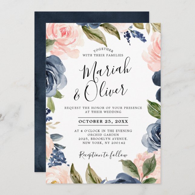 Navy Blue Blush Pink Rose Boho Wedding Invitation (Front/Back)