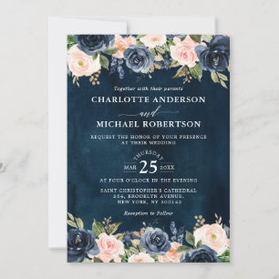 Navy Blue Blush Pink Rose Boho Wedding Invitation