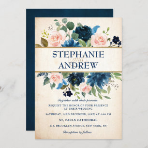 Navy Blue Blush Pink Rose Boho Wedding Invitation