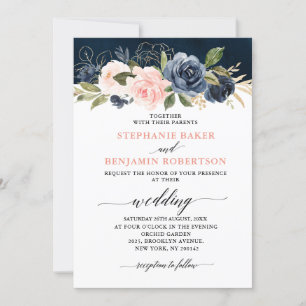 Navy Blue Blush Pink Rose Boho Wedding Invitation