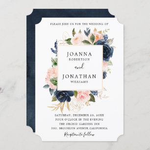Navy Blue Blush Pink Rose Boho Wedding Invitation
