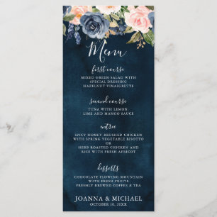 Navy Blue Blush Pink Rose Boho Wedding Menu