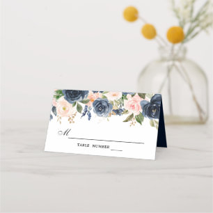 Navy Blue Blush Pink Rose Boho Wedding Place Card
