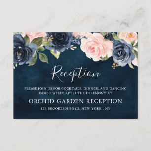 Navy Blue Blush Pink Rose Boho Wedding Reception Enclosure Card