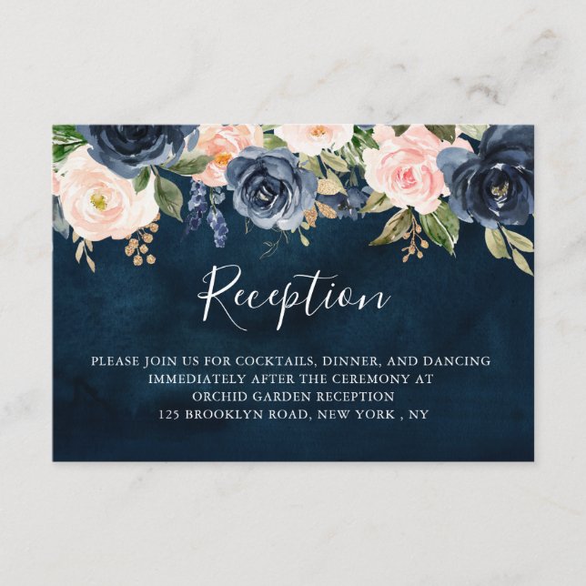 Navy Blue Blush Pink Rose Boho Wedding Reception Enclosure Card (Front)