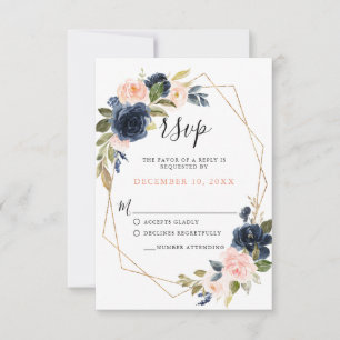 Navy Blue Blush Pink Rose Boho Wedding RSVP