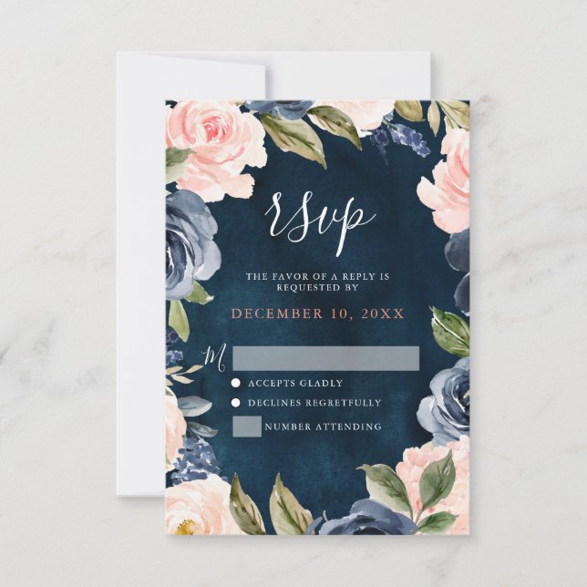 Navy Blue Blush Pink Rose Boho Wedding RSVP Card (Front)