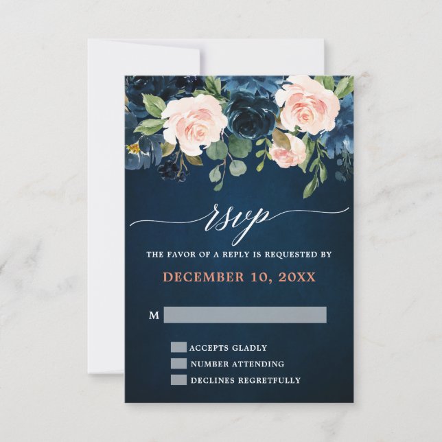 Navy Blue Blush Pink Rose Boho Wedding RSVP Card (Front)