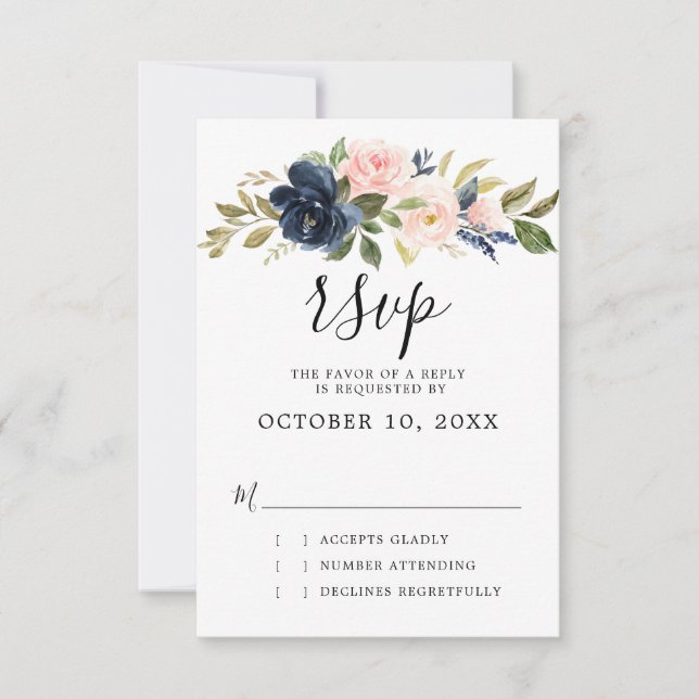 Navy Blue Blush Pink Rose Boho Wedding RSVP Card (Front)